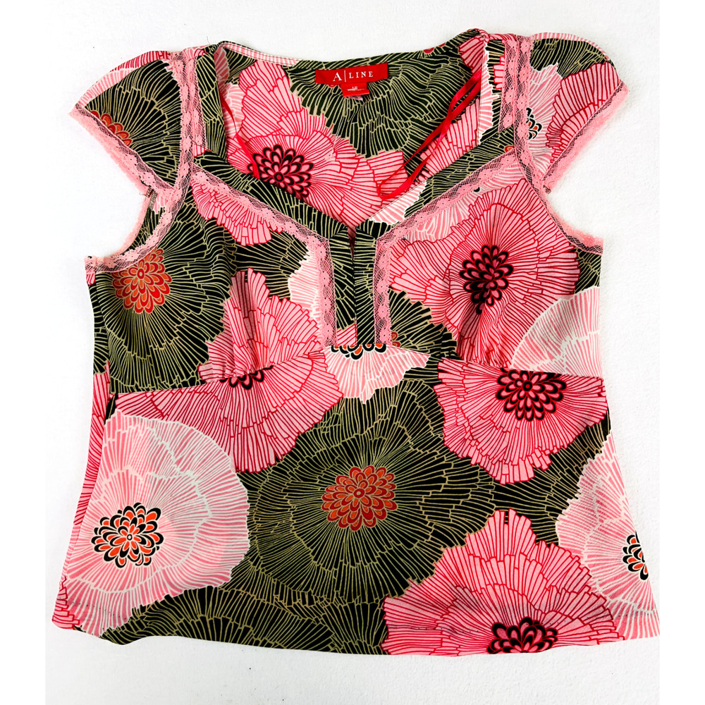 y2k A-line Floral‎ Lace Trim Boho Top Pink Green Retro Indie Fairycore Shirt 12